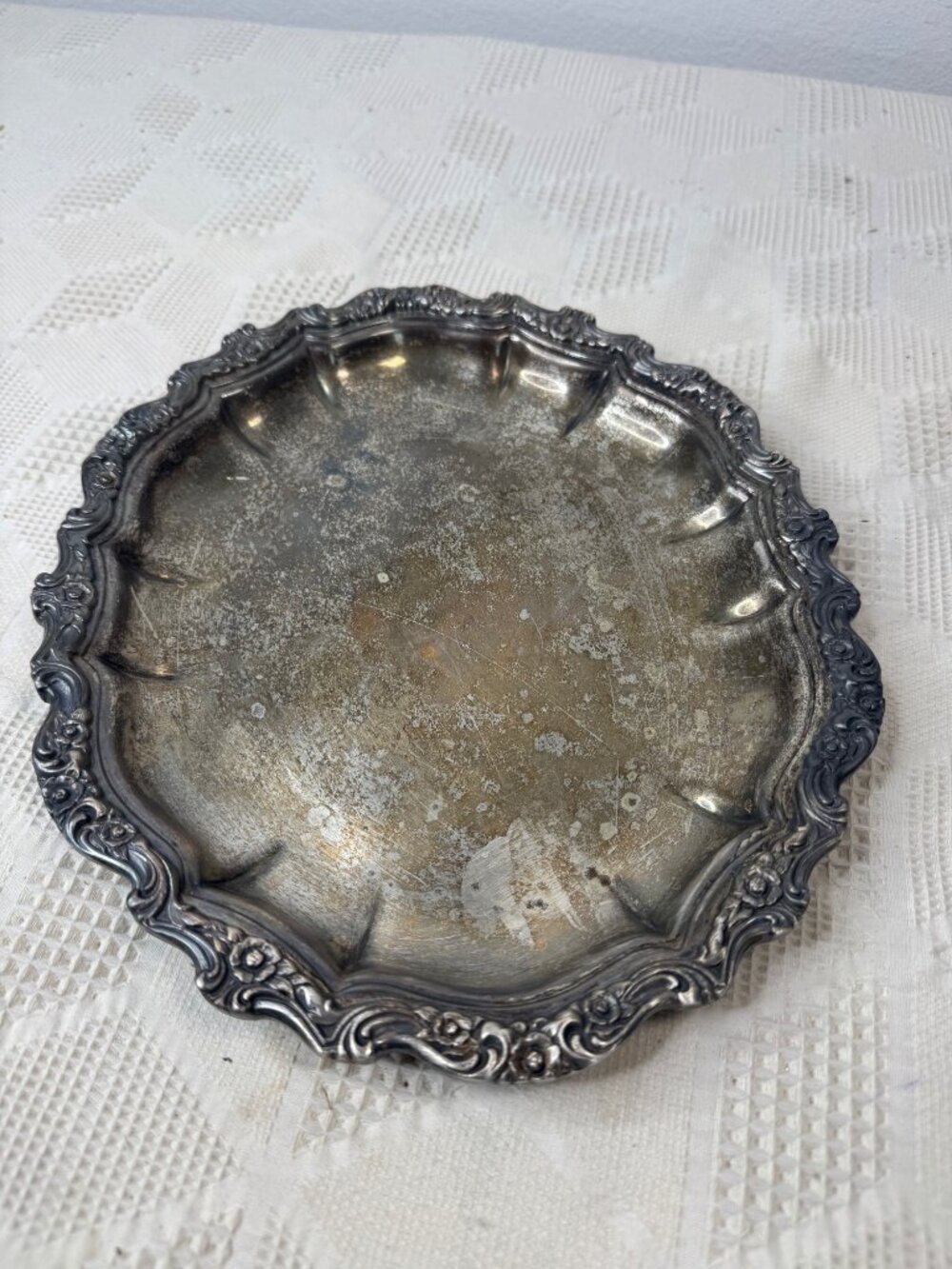 Vintage Silver Plated Ornate Oval Serving Tray Floral Edge Tarnished Patina